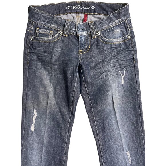 Guess Daredevil Bootcut Jeans Size 27 Dark Wash Distressed - Picture 5 of 7